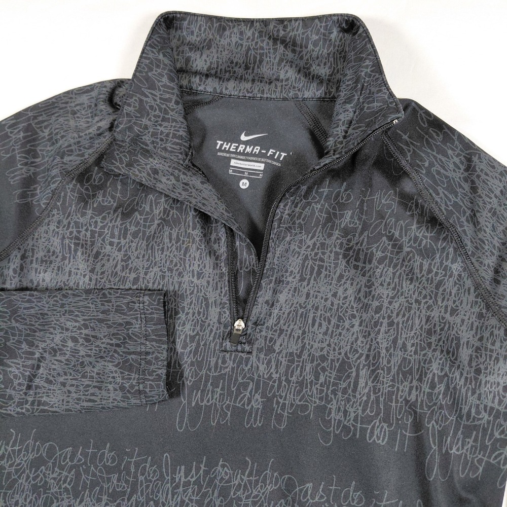 Nike Therma Fit L/S 1/4 Zip‎ Athletic Pullover Top Black Gray Script Size M